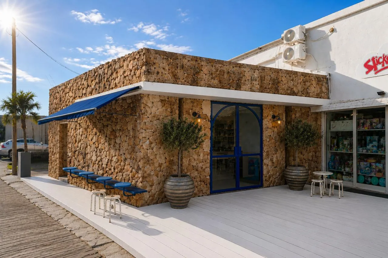 Fachada de piedra del local GRYK en La Barra con toldo azul